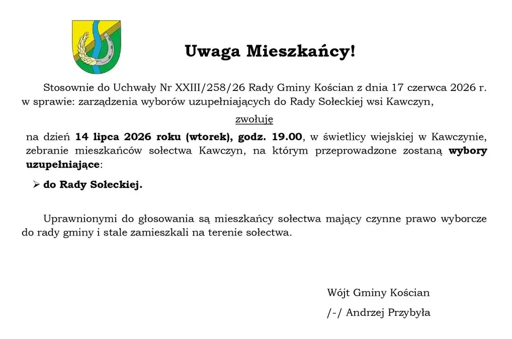 Zebranie mieszkańców Kawczyna i wybory uzupełniające do Rady Sołeckiej