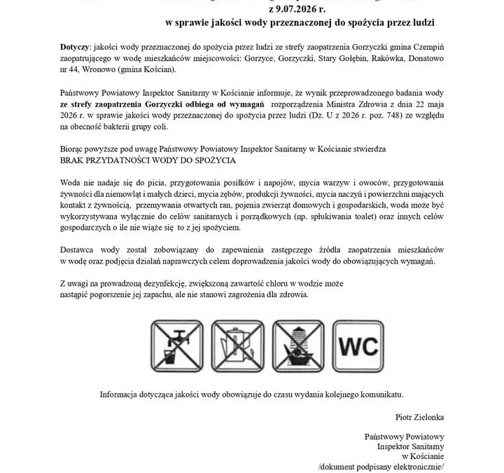 Woda w przysiółku Wronowo niezdatna do spożycia – wykryto bakterie coli