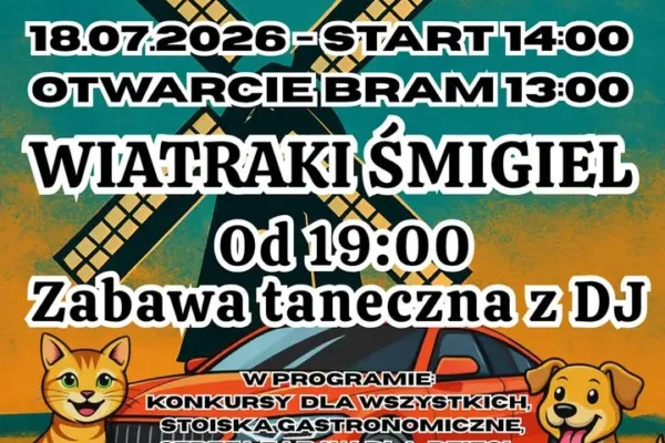 Zlot motoryzacyjny przy śmigielskich wiatrakach – zbiórka darów dla zwierząt