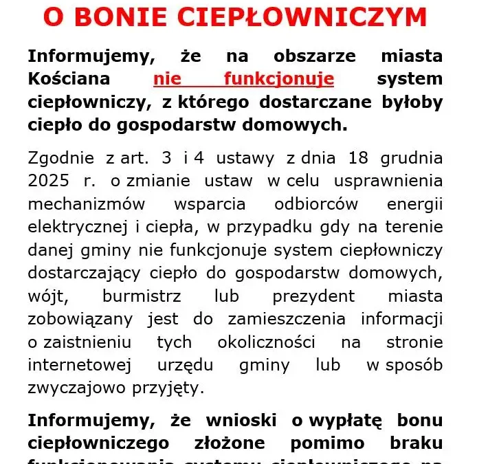 Kościan: brak systemu ciepłowniczego – bon ciepłowniczy nie będzie wypłacany