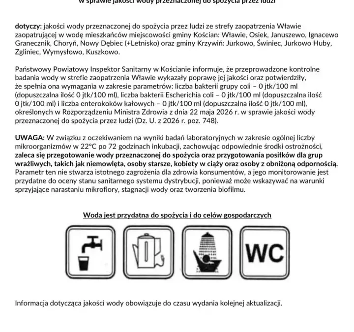 Poprawa jakości wody w gminie Krzywiń – komunikat sanepidu