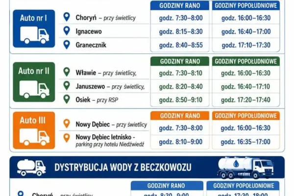 Harmonogram dostaw wody dla mieszkańców gminy Kościan na czwartek, 27 sierpnia