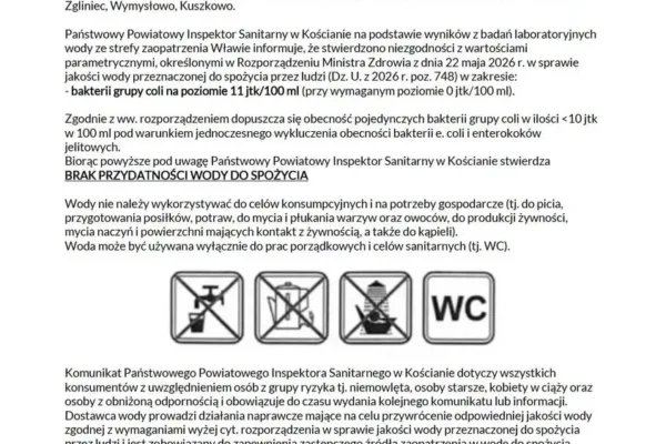 Brak wody pitnej w kilku miejscowościach gminy Świniec – wykryto bakterie coli