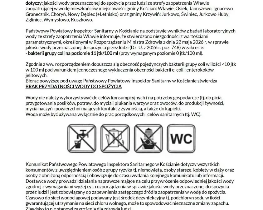 Brak wody pitnej w kilku miejscowościach gminy Świniec – wykryto bakterie coli