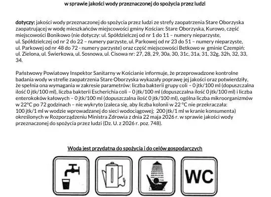 Woda w Starych Oborzyskach znów zdatna do picia – Sanepid odwołuje zalecenia