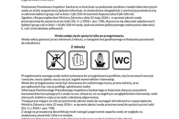 Uwaga mieszkańcy gminy Śmigiel! Bakterie coli w wodzie w pięciu miejscowościach