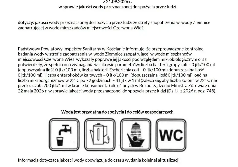Woda w Czerwonej Wsi znów bezpieczna – sanepid odwołuje ograniczenia