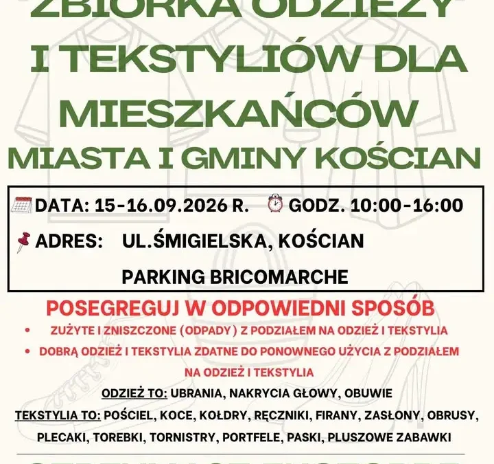 Zbiórka odzieży i tekstyliów w Kościanie – 15 i 16 września