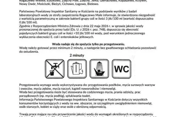 Uwaga mieszkańcy gminy Krzywiń! Woda z wodociągu Rogaczewo Małe wymaga przegotowania