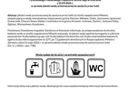 Woda w strefie Wławie w gminie Kościan ponownie bezpieczna – sanepid potwierdza normy