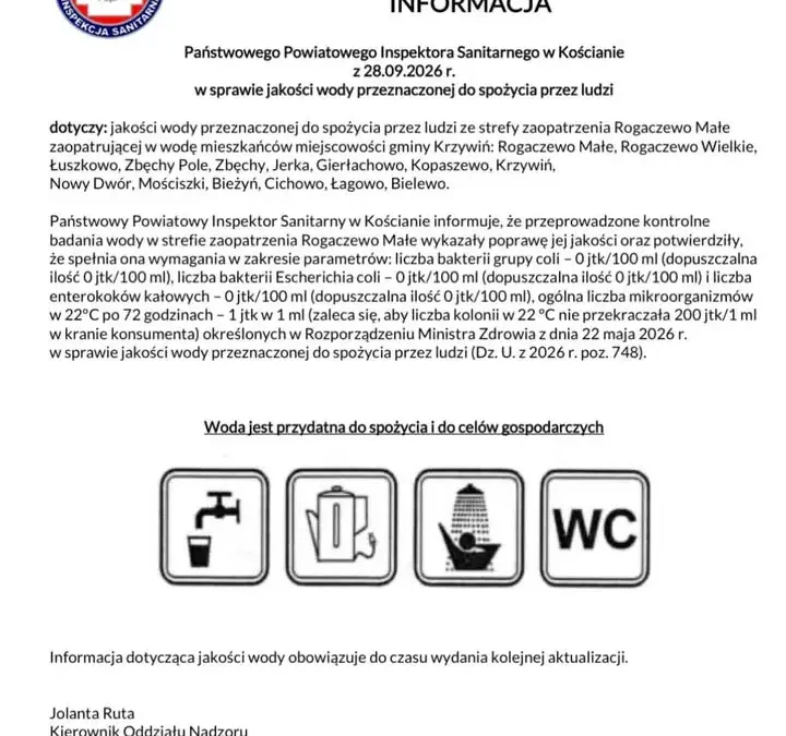 Woda w strefie Rogaczewo Małe znów przydatna do spożycia. Sanepid wydał komunikat