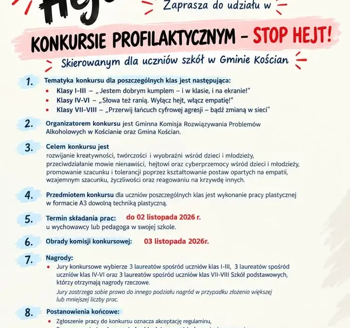 Konkurs „STOP HEJT!” w gminie Kościan – szkoły podstawowe walczą z mową nienawiści