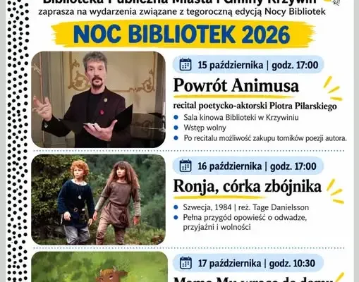 Noc Bibliotek 2026 w Krzywiniu – trzy dni pełne kultury i filmowych emocji