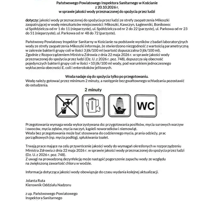 Woda w Mikoszkach i okolicach niezdatna do picia bez przegotowania